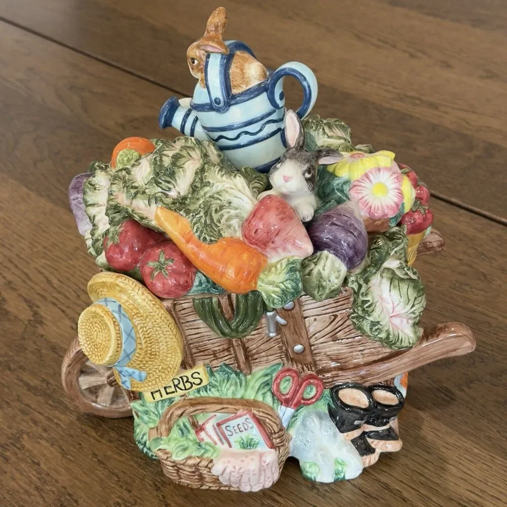 Fitz and Floyd English Garden Bunnies Wheelbarrow Cookie Jar Spring Vintage 1996